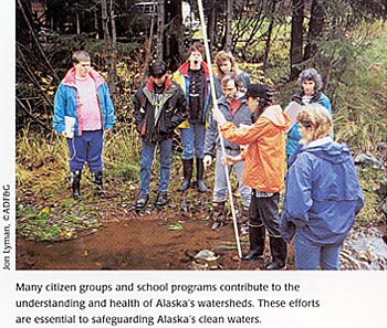 Picture of students and citizens studying salmon enviornment