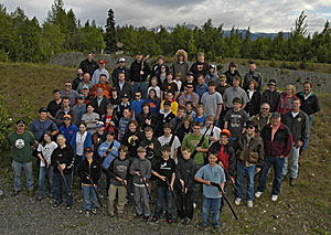 Large group of hunters of all ages outside