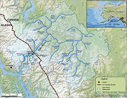The Taku River drainage of northwestern British Columbia and Southeast Alaska.