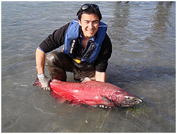 Underwater photo of a sockeye salmon in a stream