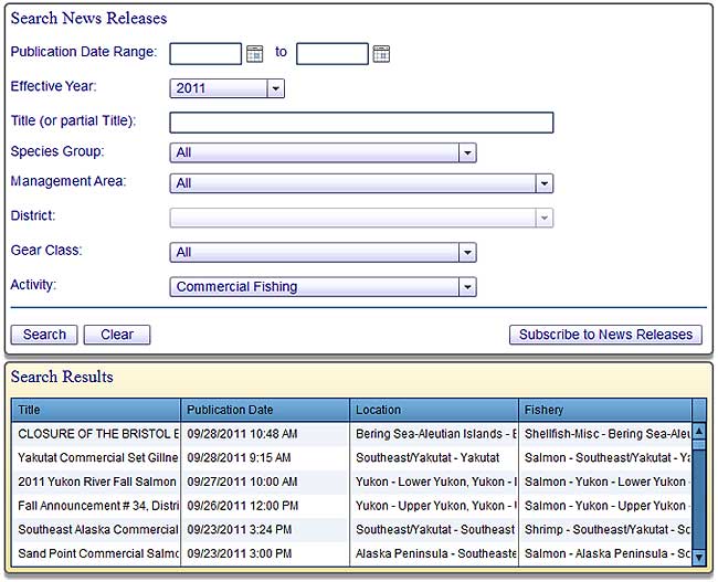 Commercial Fisheries News Release System search results