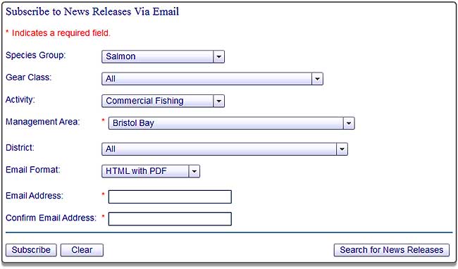 Commercial Fisheries News Release System subscription page