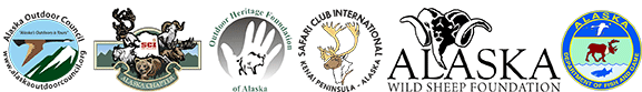 Logos for Alaska Outdoor Council, SCI, OHFA, Alaska Wild Sheep Foundation, ADF&G