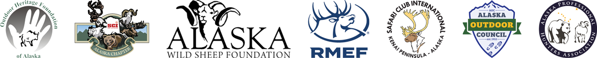 Logos for Alaska Outdoor Council, SCI, OHFA, Alaska Wild Sheep Foundation, ADF&G - Alaska Department of Fish and Game (ADFG)