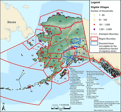 Map of Alaska displaying geographical boundaries of the regions and sub-regions defined by the Alaska Migratory Bird Co-Management Council.