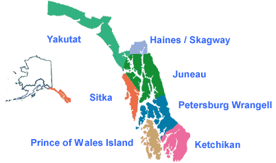 Alaska state map showing Areas in Southeast