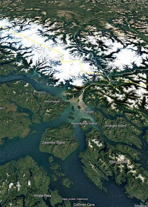 This image shows the Stikine River Delta and the community of Wrangell at the center The lower portion of the image is the region of Southeast Alaska where mountain lions have been documented the upper half is British Columbia and the Telegraph area east of the icefield where a source population exists The river corridor is upper center cutting through the coastal mountains