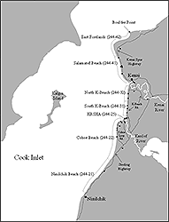 Map of East Side set gillnet fishery. Small circles represent approximate locations of fish receiving sites or processing plants where sampling will occur.