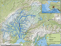 Locations of fish wheels and telemetry stations in the Susitna River drainage.