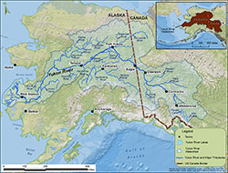 Mainstem Yukon River (blue) and drainage area (shaded yellow).