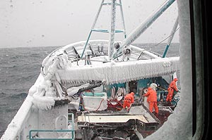 Ice coats a crab boat in the Bering Sea