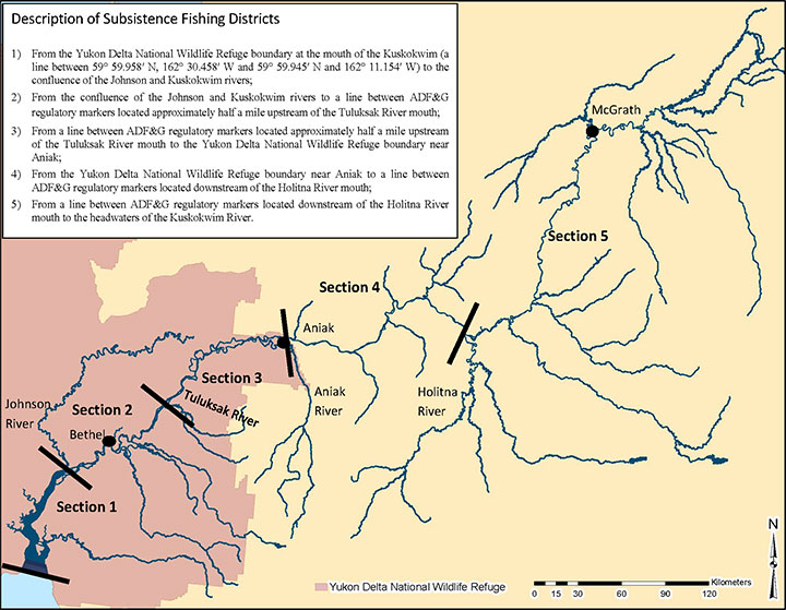 Kuskokwim River Chinook salmon conservation sections map