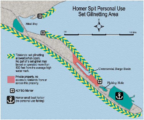 map of Homer Spit Personal Use Set Gillnetting Area with open tidelands indicated, privat property indicated, etc.
