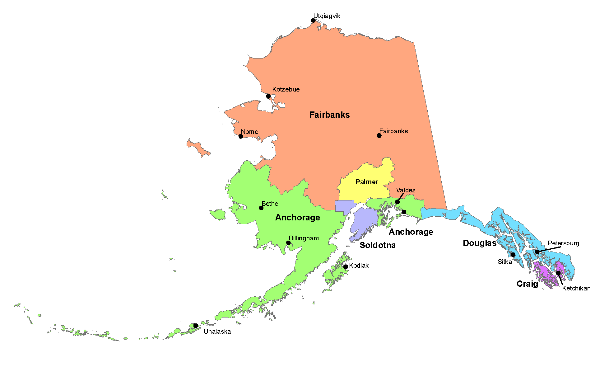 map showing Alaska Fish and Game Habitat Section office locations