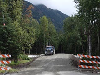 Truck construction under mountains