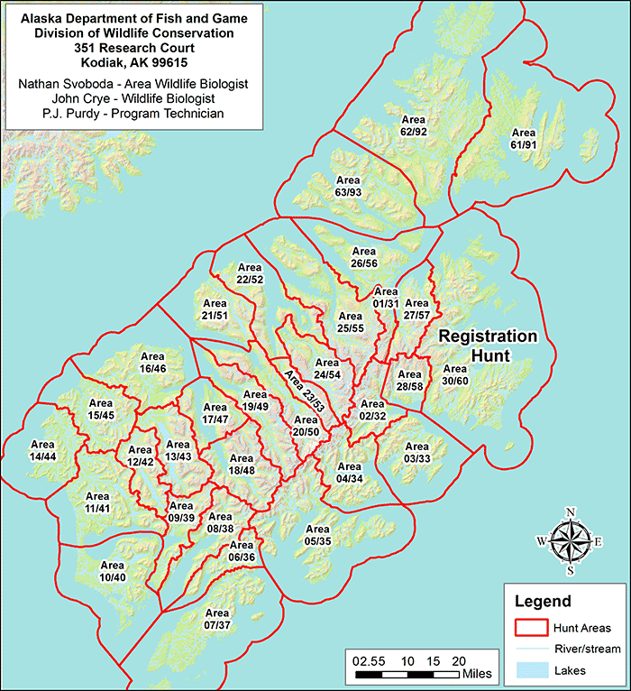 Map of Kodiak Island Areas.  The map also displays contact information for the Kodiak office, which is as follows: Alaska Department of Fish and Game, Division of Wildlife Conservation, 351 Research Court Kodiak, AK 99615.  Nathan Svoboda is the Area Wildlife Biologist.  John Crye is the Wildlife Biologist.  P.J. Purdy is the Program Technician.