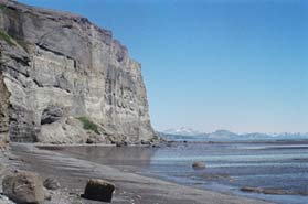 Large rocky bluff and shoreline of the McNeil River State Game Refuge