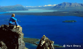 an individual takes in a scenic vista of snow-covered mountains and water