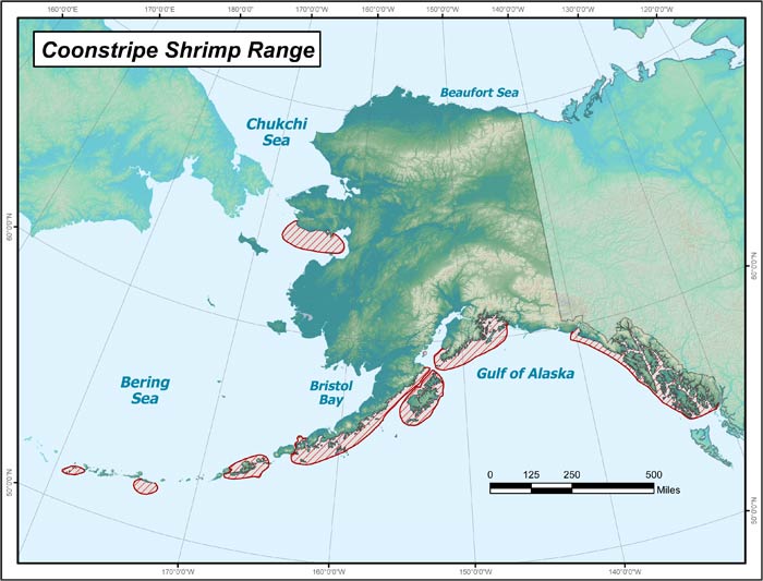 Range map of Coonstripe Shrimp in Alaska